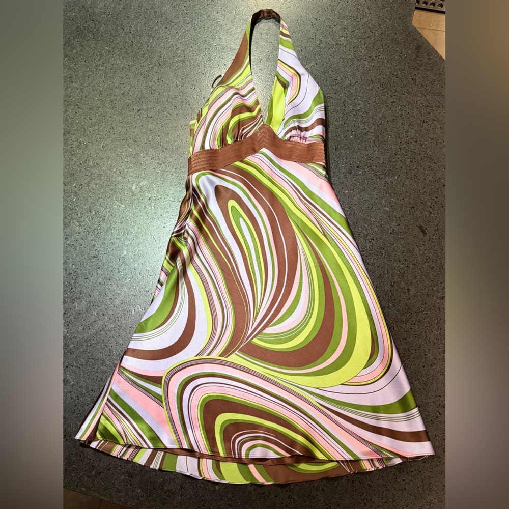 Laundry By Shelli Segal Silk Halter Swing Dress in Pink, Lime & Brown